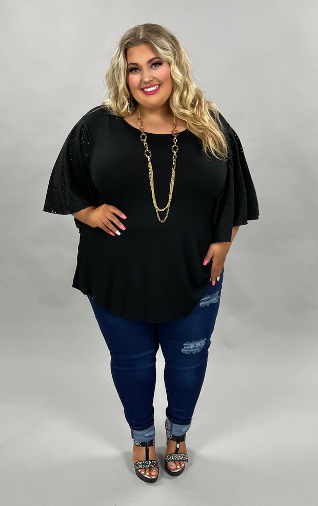 54 SD-A {Not So Subtle} Solid Black Detail Sleeve Top PLUS SIZE 1X 2X 3X