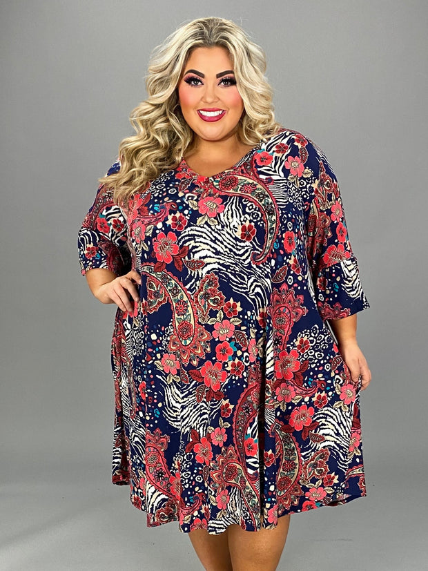 52 PQ {When Floral Met Paisley} Navy/Red Floral Paisley Print Dress EXTENDED PLUS SIZE 4X 5X 6X