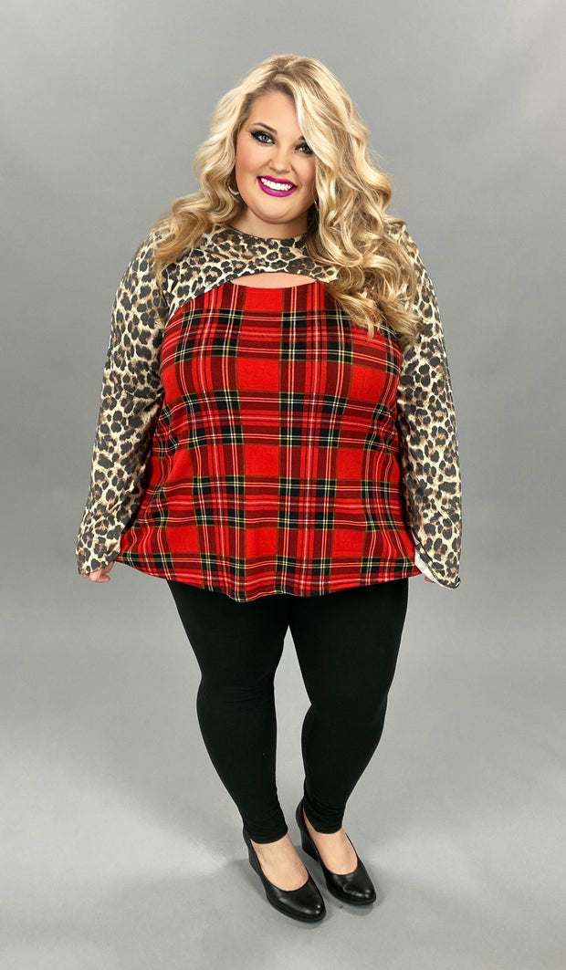 16 CP-F {Don't Doubt It} Red Plaid & Leopard Neck Detail Top SALE!!! EXTENDED  PLUS SIZE XL 2X 3X  4X 5X 6X