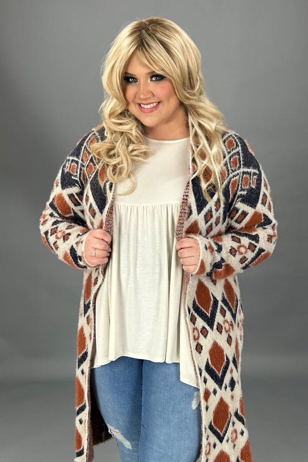 87 OT-A {Desert Vibe}  SALE!!! Rust/Navy Aztec Print Cardigan PLUS SIZE 1X/2X  2X/3X