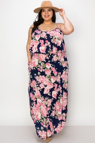 LD-C {Keep Going On} Navy/Pink Floral Maxi Dress PLUS SIZE XL 2X 3X