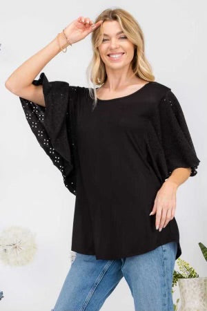 72 SSS {Whisk Me Away} Black Top w/Eyelet Sleeves PLUS SIZE XL 2X 3X