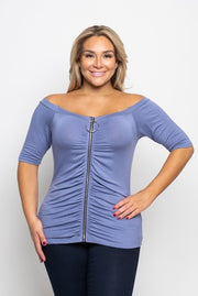42 OS {What About You} Blue Zip Front Off Shoulder Top PLUS SIZE 1X 2X 3X