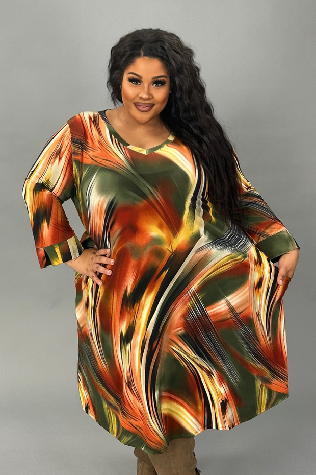 79 PQ-B {Living For This} Rust/Multi Print V-Neck Dress EXTENDED PLUS SIZE 3X 4X 5X