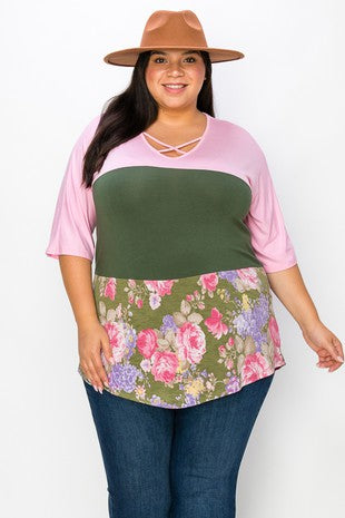 23 CP {Curvy Adored} Pink/Olive Floral Criss-Cross Top CURVY BRAND!!!  EXTENDED PLUS SIZE 3X 4X 5X