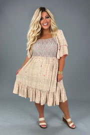 18 PSS-R {Clever Moment} Tan Floral Smocked Dress PLUS SIZE XL 2X 3X