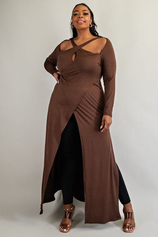 LD-V {Too Much Fun} Brown Criss Cross Cut Out Long Tunic PLUS SIZE