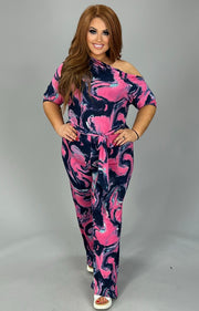 RP-G {Dazzling Nights} Pink/Navy One Shoulder Down Romper