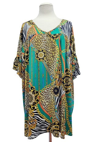 12 PSS {Essential Chicness} Green/Gold Multi-Print Top EXTENDED PLUS SIZE 4X 5X 6X  (Size Up 1 Size)