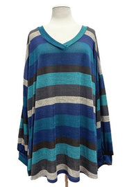 17 PLS {Walking The Line} Teal Stripe Print V-Neck Top EXTENDED PLUS SIZE 4X 5X 6X