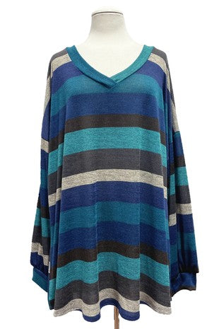 17 PLS {Walking The Line} Teal Stripe Print V-Neck Top EXTENDED PLUS SIZE 4X 5X 6X