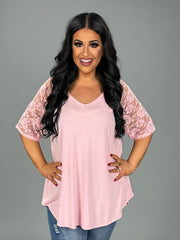 67 CP-D {What You Know} Dusty Pink V-Neck Lace Detail Top PLUS SIZE 1X 2X 3X