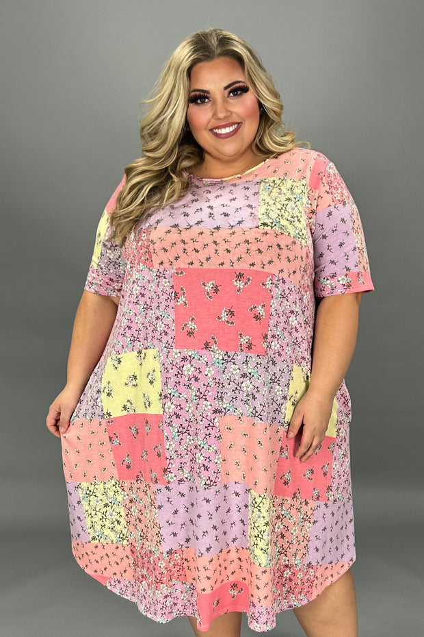 19 PSS-A {Vibe Check} Pink Floral Patchwork Print Dress EXTENDED PLUS SIZE 4X 5X 6X