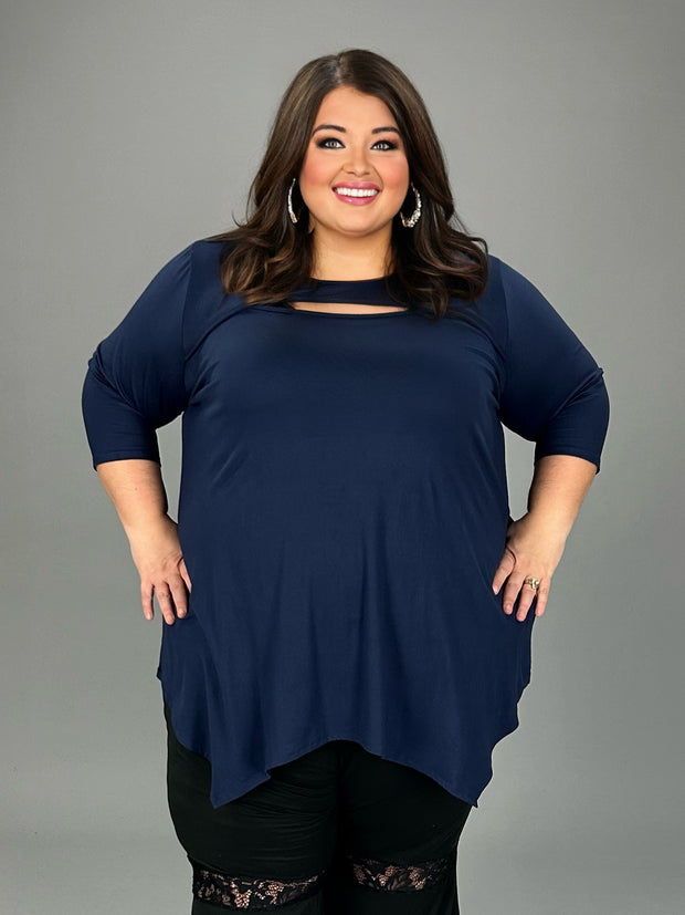 83 SQ-A {Open Hearts} NAVY Tunic W/ Keyhole Detail CURVY BRAND!! EXTENDED PLUS SIZE