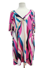 100 PSS {Shades Of Paradise} Fuchsia/Teal Print V-Neck Top EXTENDED PLUS SIZE 2X 3X 4X  TRUE TO SIZE!!