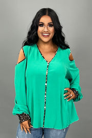 46 OS {Leopard Defined} Kelly Green Cold Shoulder Top PLUS SIZE XL 2X 3X