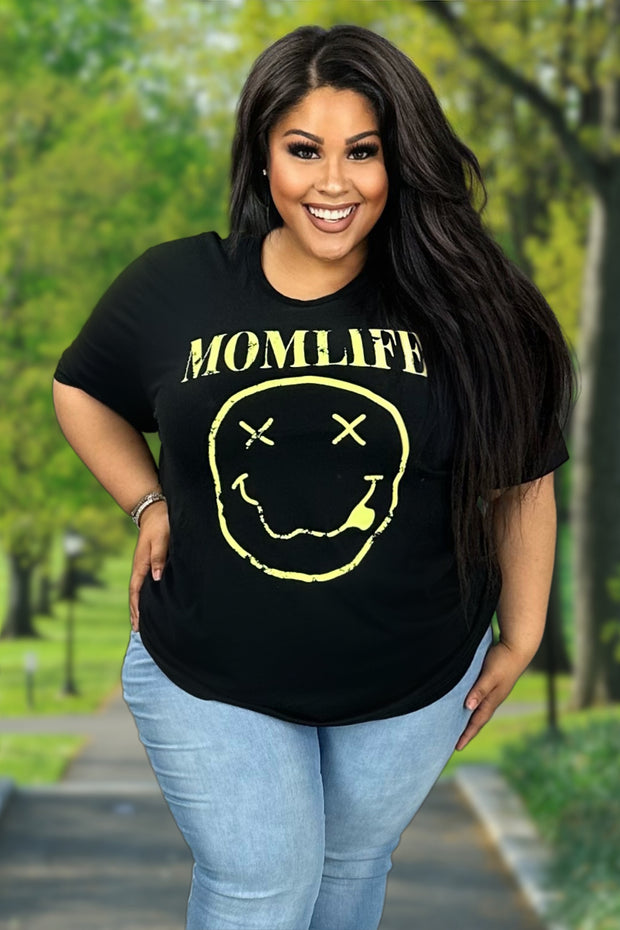 77 GT T Mom Life Black Neon Yellow Print Graphic Tee PLUS SIZE
