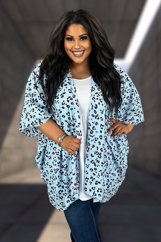 27 OT {Wild Like Me} Light Blue Leopard Print Kimono EXTENDED PLUS SIZE 3X 4X 5X