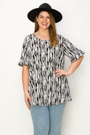 46 PSS {Luck All Around} Black Print Ruffle Sleeve Tunic CURVY BRAND!!!  EXTENDED PLUS SIZE 4X 5X 6X (May Size Down 1 Size)