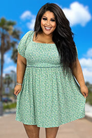 92 PSS-Y {Walking In Paradise} Green Floral Smocked Dress PLUS SIZE 1X 2X 3X