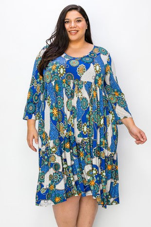 58 PQ {Mandala Perfection} Royal Blue Mandala Print Dress EXTENDED PLUS SIZE XL 2X 3X 4X 5X