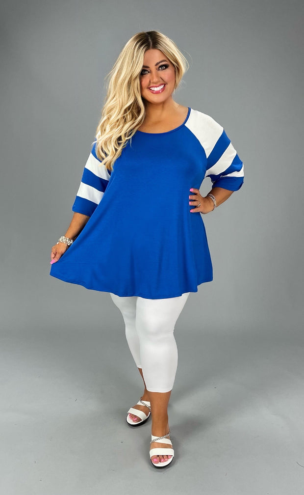 90 CP-E {Curvy Hanging Out} R., Blue Tunic w/ Striped Sleeve PLUS SIZE XL 2X 3X