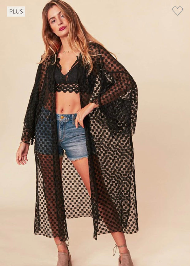 57 OT-F {First Things First}  SALE! Black Solid Detail Sheer Kimono PLUS SIZE 2X/3X