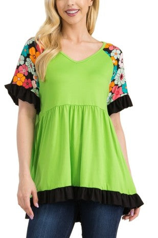 60 CP {Beginning To Bloom} Lime/Black Floral Babydoll Top PLUS SIZE XL 2X 3X