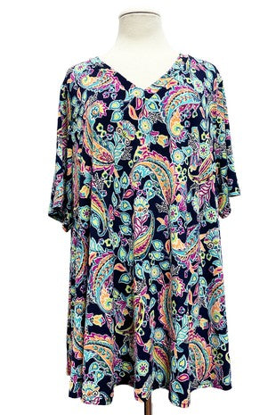 48 PSS [Breaking Hearts} Mint/Navy Paisley V-Neck Top EXTENDED PLUS SIZE 3X 4X 5X