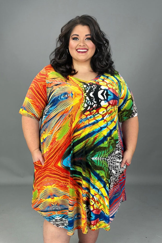 62 PSS-Q {Code Of Life} Red Blue Printed V-Neck Dress EXTENDED PLUS SIZE 3X 4X 5X