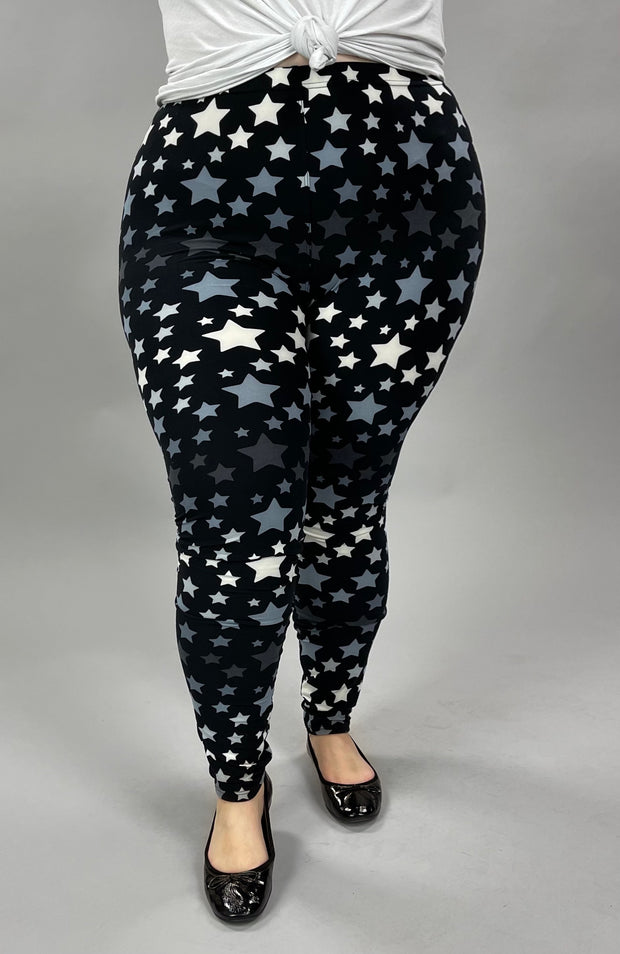 LEG-82 {Dance With The Stars} Black Star Print Leggings EXTENDED PLUS SIZE 3X/5X
