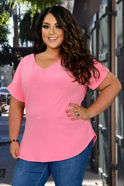 56 SSS-N {PINK CLASSIC}  Pink V-Neck Top Cuffed Sleeves PLUS SIZE XL 2X 3X