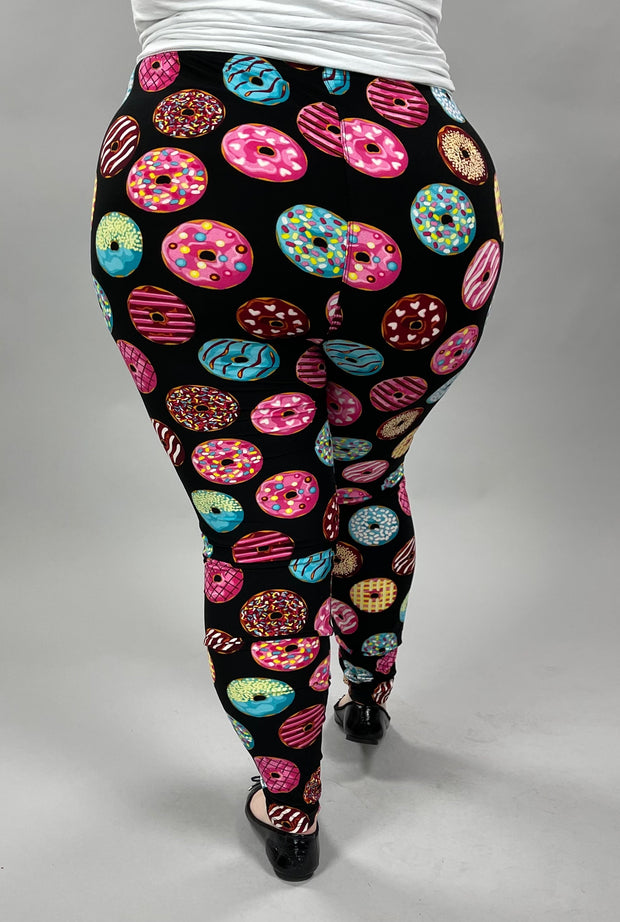 LEG-50 {Roll With Me} Donut Printed Black Leggings EXTENDED PLUS SIZE 3X/5X