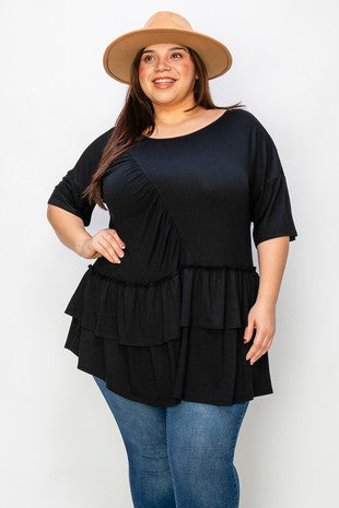 13 SSS {Stay Calm} Black Scoop Neck Double Ruffle Tunic EXTENDED PLUS SIZE 4X 5X 6X