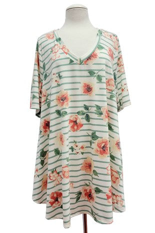 12 PSS {Floral In Line} Ivory Floral & Green Stripe Print Top EXTENDED PLUS SIZE 3X 4X 5X