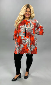 PQ-C {Spice Things Up} Red & Ivory Paisley Bell Sleeve Tunic PLUS SIZE XL 2X 3X