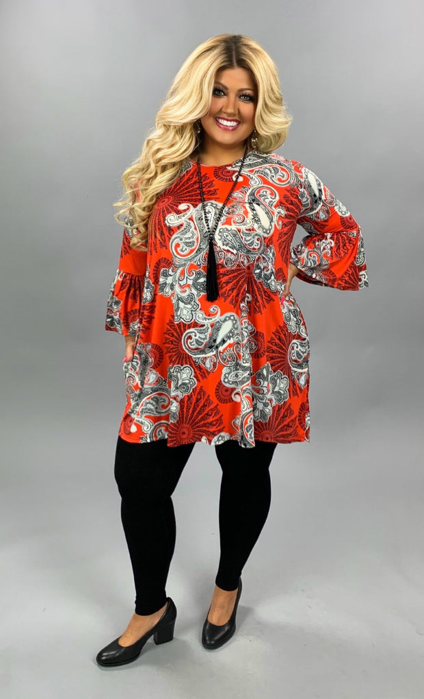 PQ-C {Spice Things Up} Red & Ivory Paisley Bell Sleeve Tunic PLUS SIZE XL 2X 3X