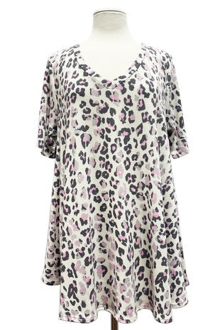 52 PSS {Searching For The Leopard} Ivory/Pink Leopard V-Neck Top EXTENDED PLUS SIZE 3X 4X 5X