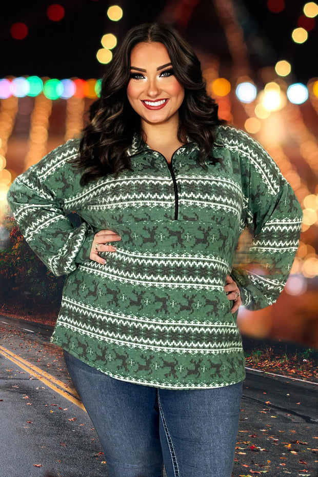 63 PLS-Z {Remembered Past} Green Reindeer Print Top