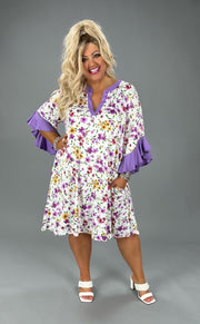 87 OR 33 CP-C {Floral Dreams} Lavender Floral Ruffle Sleeve Dress PLUS SIZE XL 2X 3X