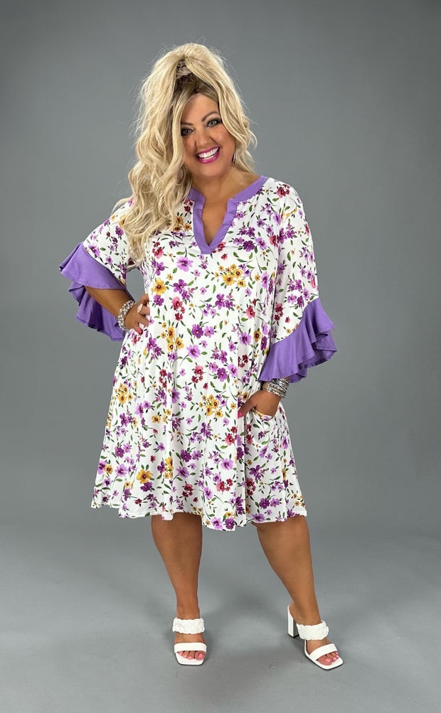 87 OR 33 CP-C {Floral Dreams} Lavender Floral Ruffle Sleeve Dress PLUS SIZE XL 2X 3X