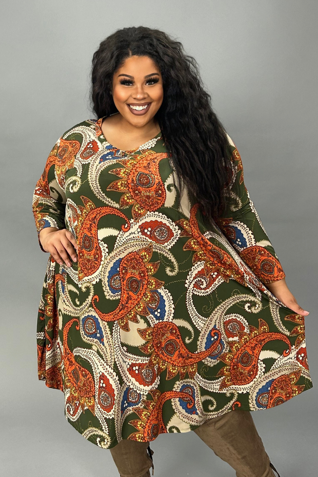 75 PQ-M {Walk On By} Olive Paisley Print V-Neck Dress EXTENDED PLUS SIZE 3X 4X 5X