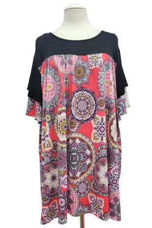 92 CP {Ready To Go} Red Mandala Print Tunic w/Black Contrast EXTENDED PLUS SIZE 3X 4X 5X