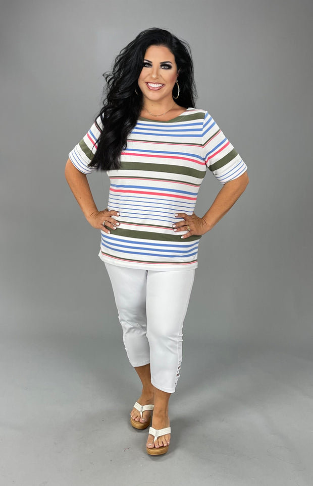 PSS-A M-109 {Karen Scott} White Multi Striped Top Retail $36.50 PLUS SIZE