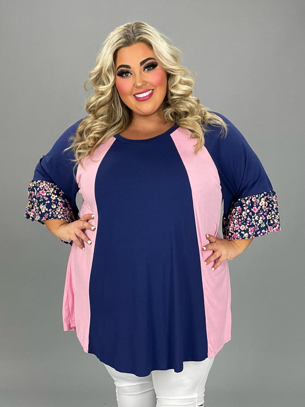 24 CP {Ready To Recharge} Navy/Pink Tunic w/Floral Sleeve CURVY BRAND!!! EXTENDED PLUS SIZE 4X 5X 6X