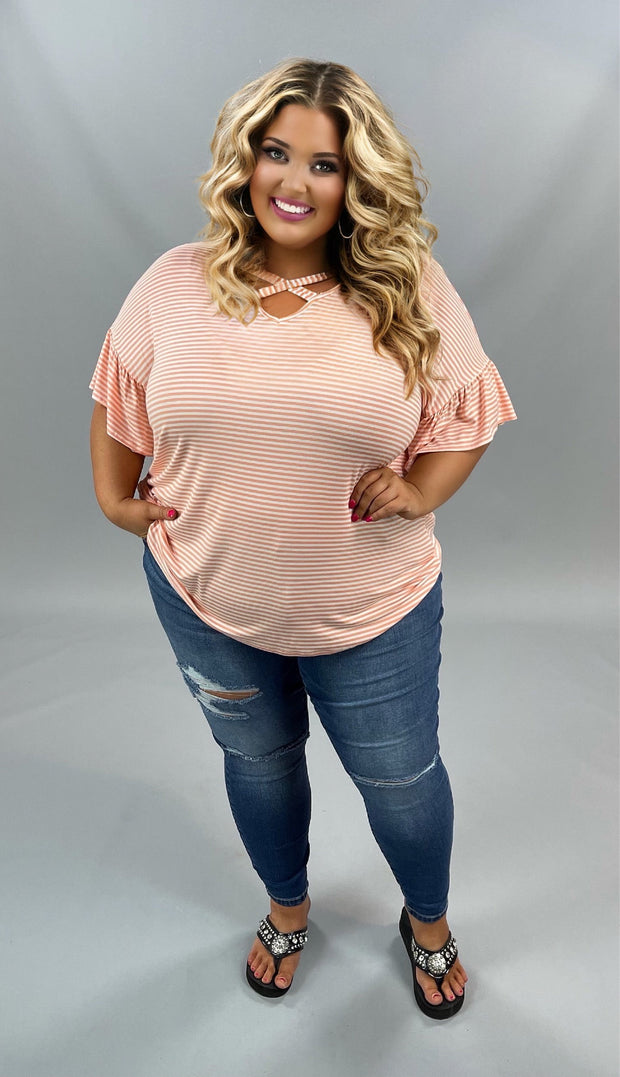 63 PSS-F {Colorful Life}  Peach Striped Criss-Cross Top PLUS SIZE XL 2X 3X