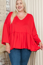 48 SQ {Sweet Poetry} Red V-Neck Peplum Top EXTENDED PLUS SIZE 3X 4X 5X