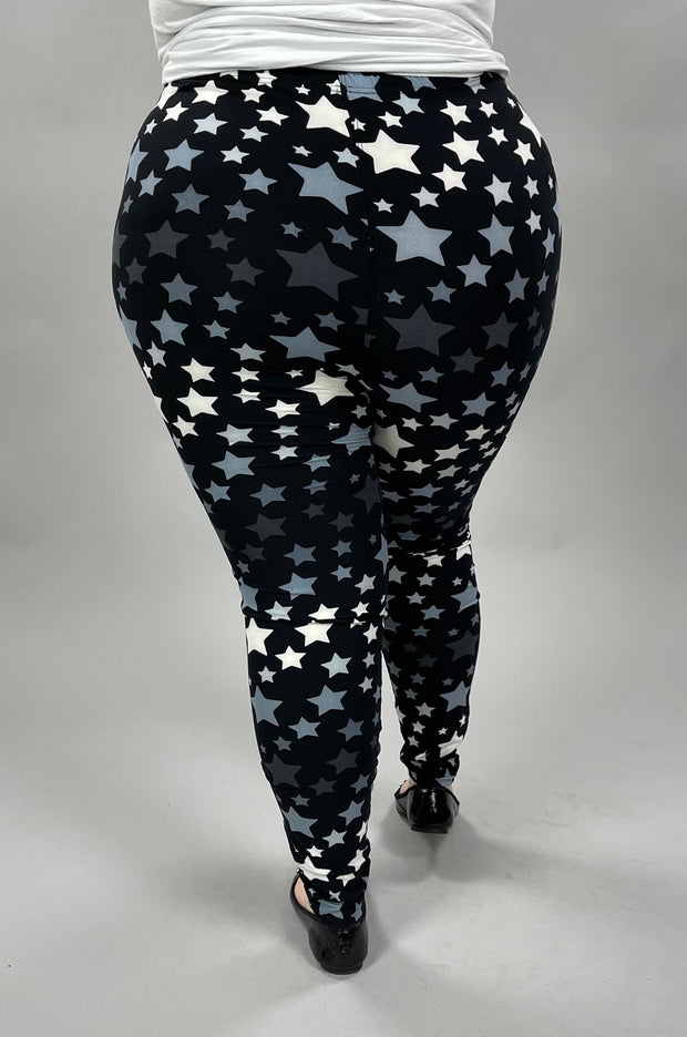 LEG-82 {Dance With The Stars} Black Star Print Leggings EXTENDED PLUS SIZE 3X/5X