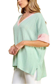 74 CP {Let's Get Honest} Mint/Peach Ribbed V-Neck Top PLUS SIZE 1X 2X 3X