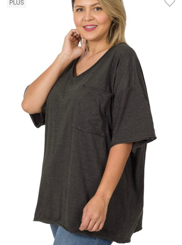 27 SSS {Happy As Can Be} Charcoal V-Neck Top w/Pocket PLUS SIZE 1X 2X 3X